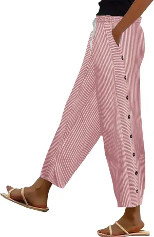 Women Stripe Cotton Linen Pants Straight Leg Side Button Multi-Pocket Fashion Trousers Street Hip Hop Y2K Casual Pant
