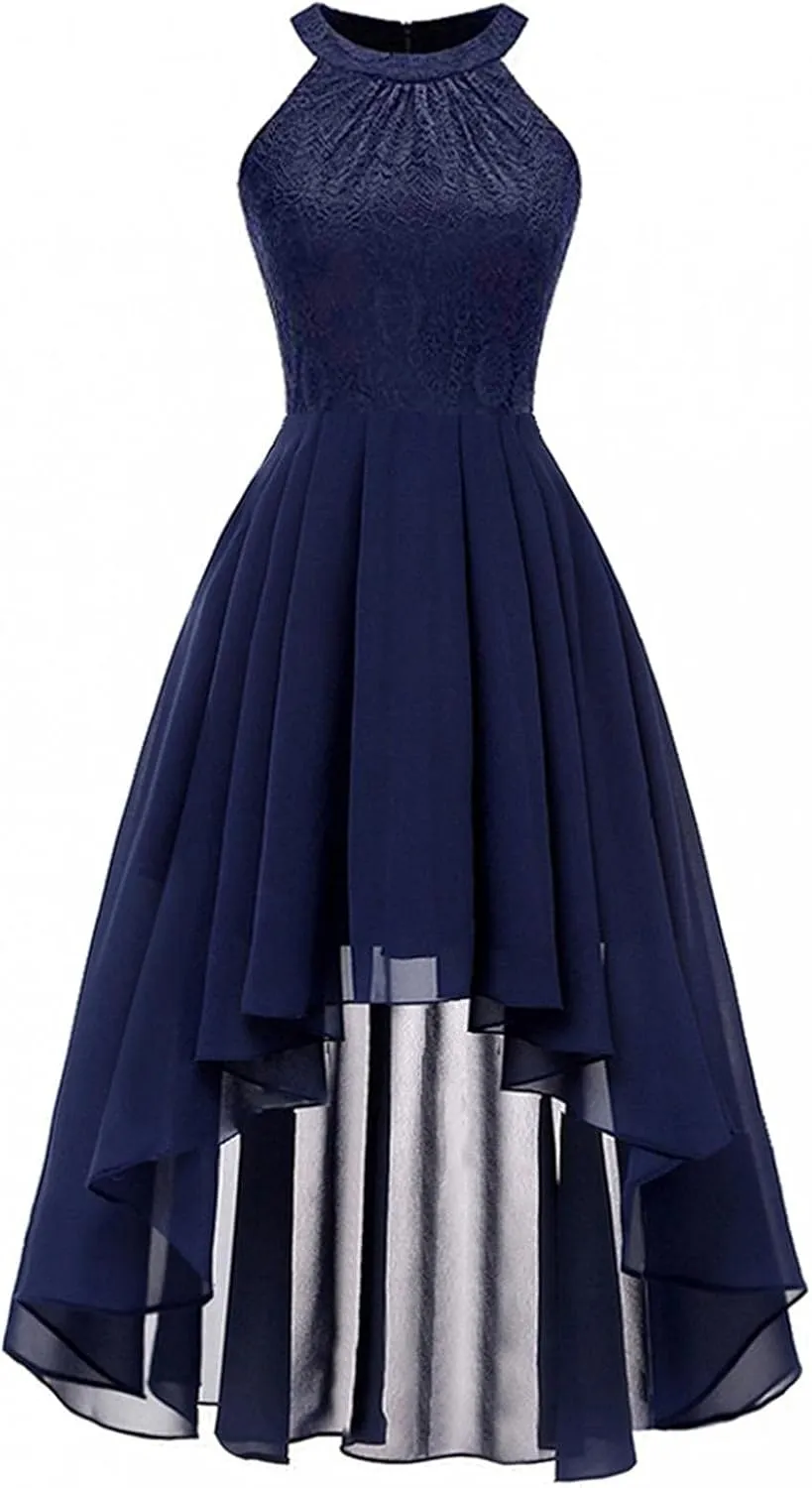Women Summer Beach Sleeveless Dresses Empire Waist Lace High Low Midi Dress Wedding Guest Party Flare Swing Dresses Navy