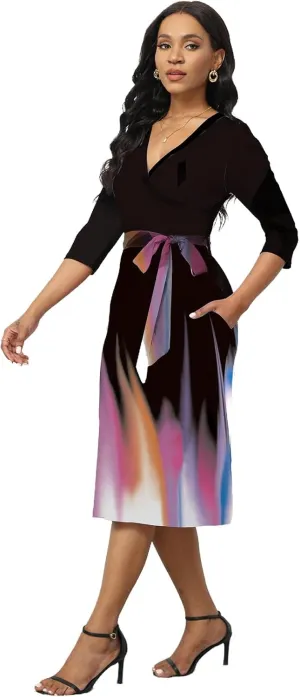 Women Summer Dresses Sexy Deep V Neck Floral Midi Dresses 3/4 Sleeves Cocktail Party Wrap Maxi Dress with Pocktes