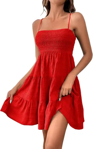 Women Summer Mini Dresses Square Neck Spaghetti Strap Sundress Casual Sleeveless A Line Tiered Beach Graduation Dress