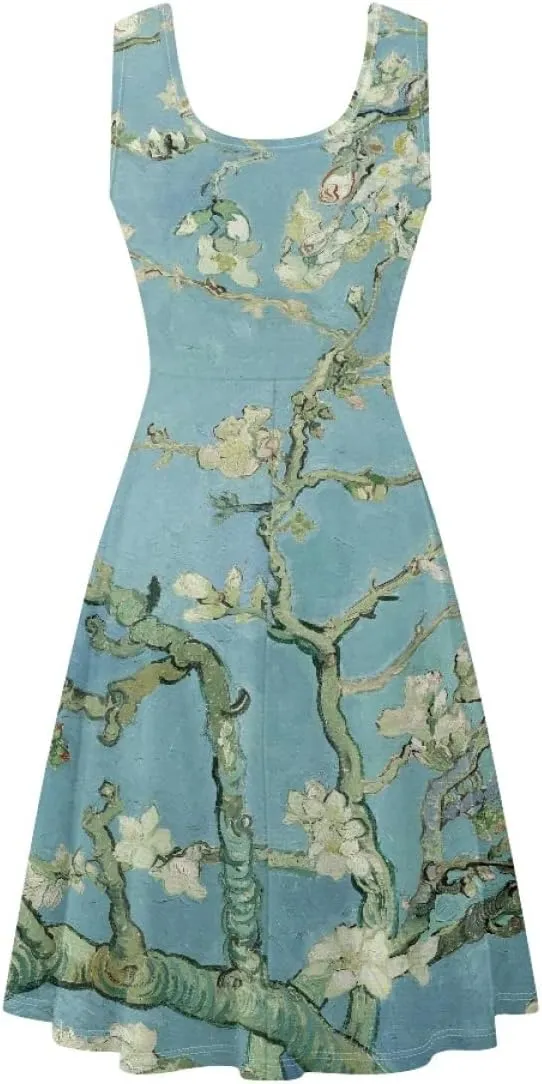 Women Van Gogh Print Summer Casual Sleeveless Plus Size Loose Pocket Midi Dress