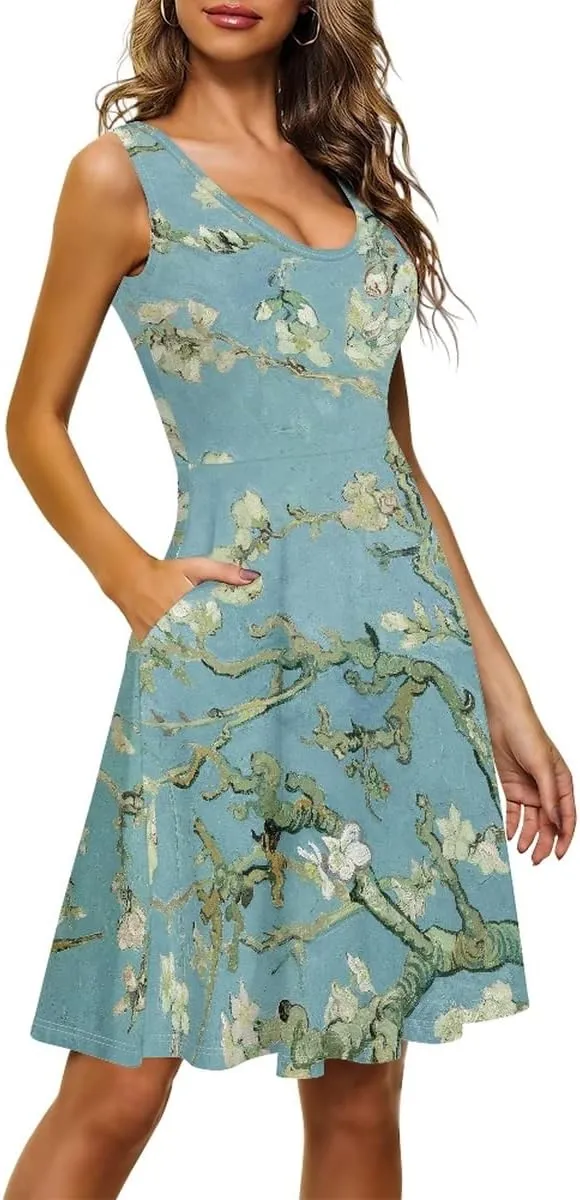 Women Van Gogh Print Summer Casual Sleeveless Plus Size Loose Pocket Midi Dress