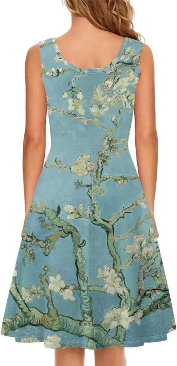 Women Van Gogh Print Summer Casual Sleeveless Plus Size Loose Pocket Midi Dress