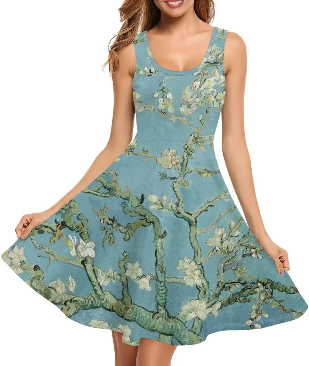 Women Van Gogh Print Summer Casual Sleeveless Plus Size Loose Pocket Midi Dress