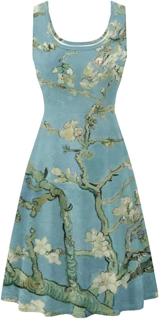 Women Van Gogh Print Summer Casual Sleeveless Plus Size Loose Pocket Midi Dress