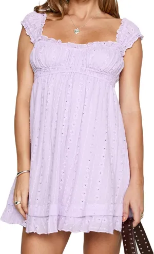 Women Y2k Babydoll Mini Dress Sleeveless Lace Trim Square Neck Floral Embroidery Swing Short Dress Boho Sundress