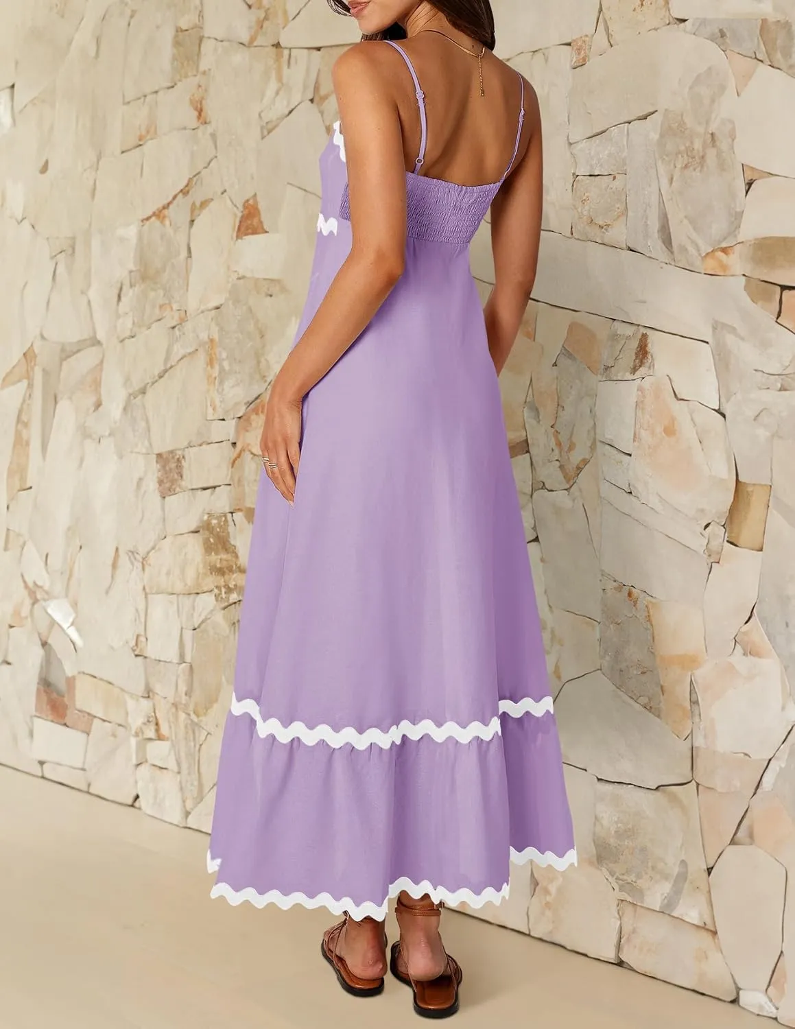 Women's 2024 Summer Spaghetti Straps Sleeveless Backless Sundress Flowy Smocked Lace Swing A Line Midi Dress