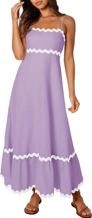 Women's 2024 Summer Spaghetti Straps Sleeveless Backless Sundress Flowy Smocked Lace Swing A Line Midi Dress