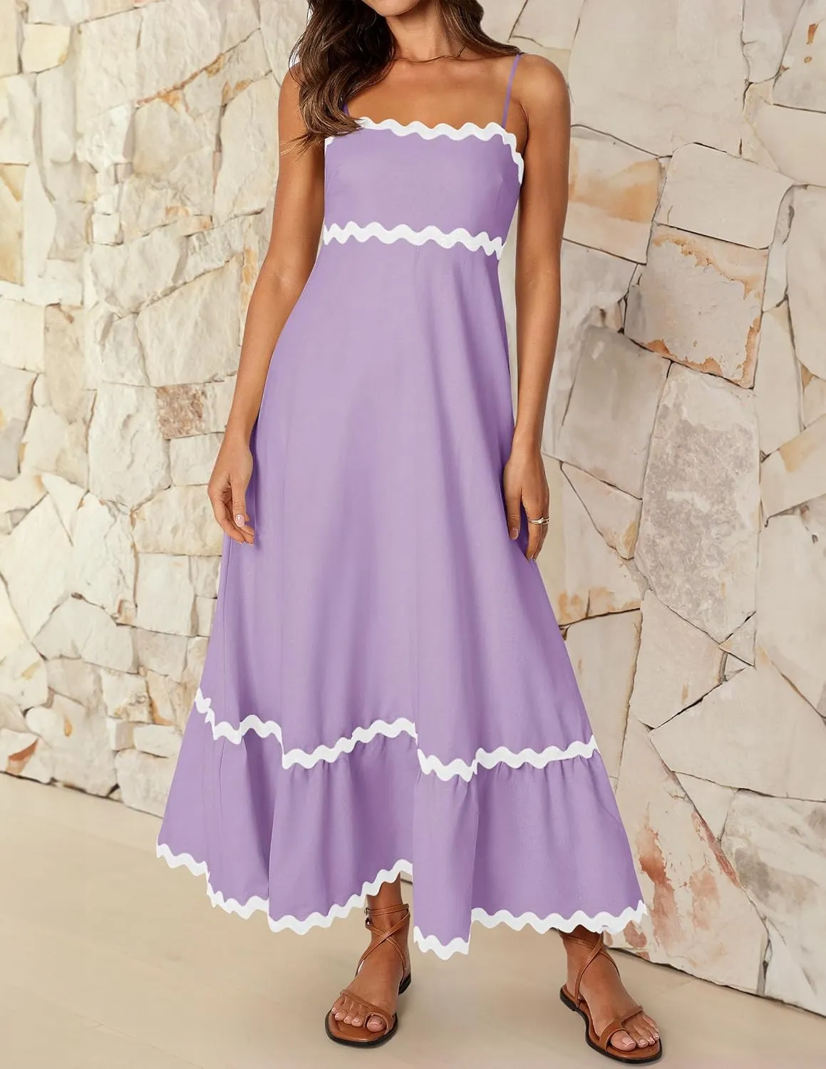 Women's 2024 Summer Spaghetti Straps Sleeveless Backless Sundress Flowy Smocked Lace Swing A Line Midi Dress