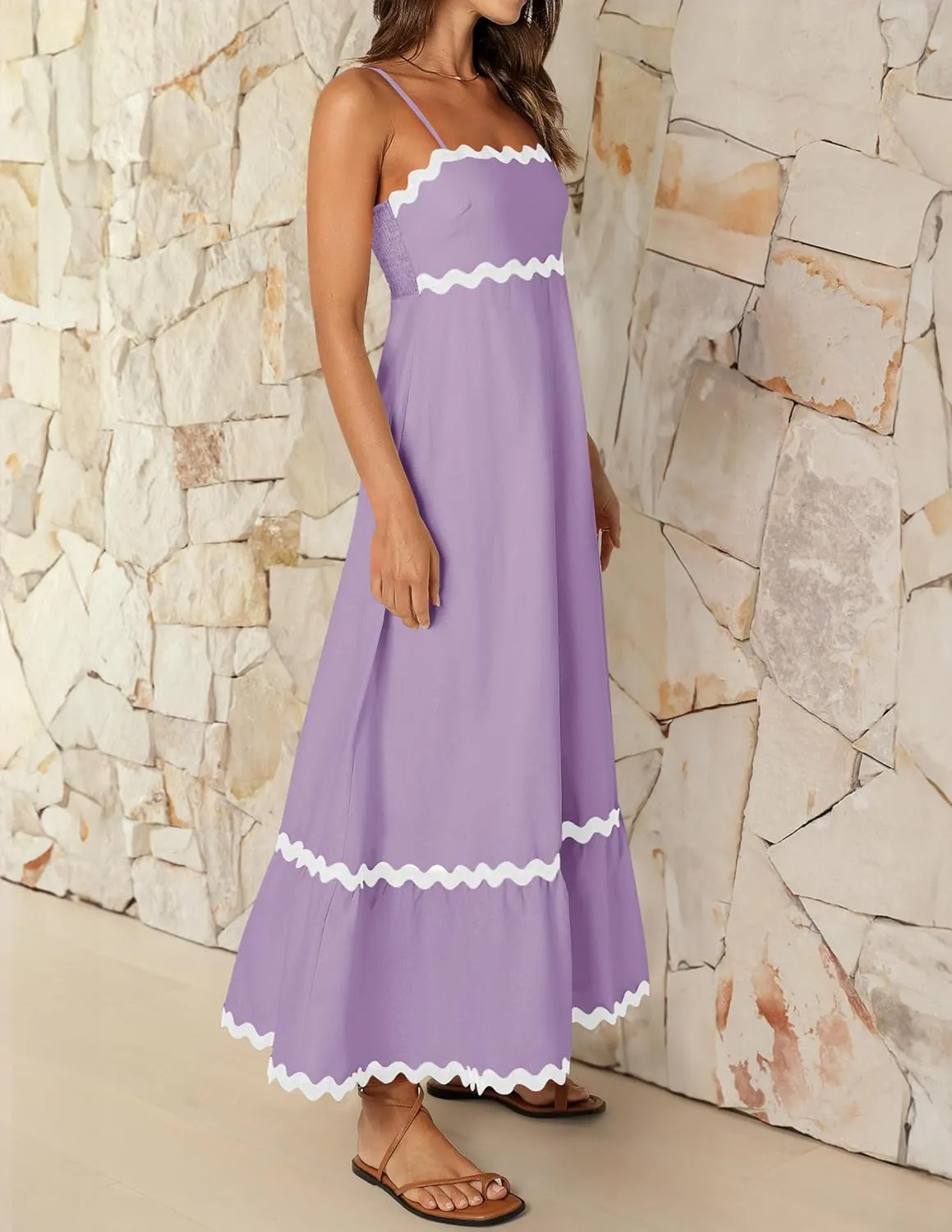 Women's 2024 Summer Spaghetti Straps Sleeveless Backless Sundress Flowy Smocked Lace Swing A Line Midi Dress