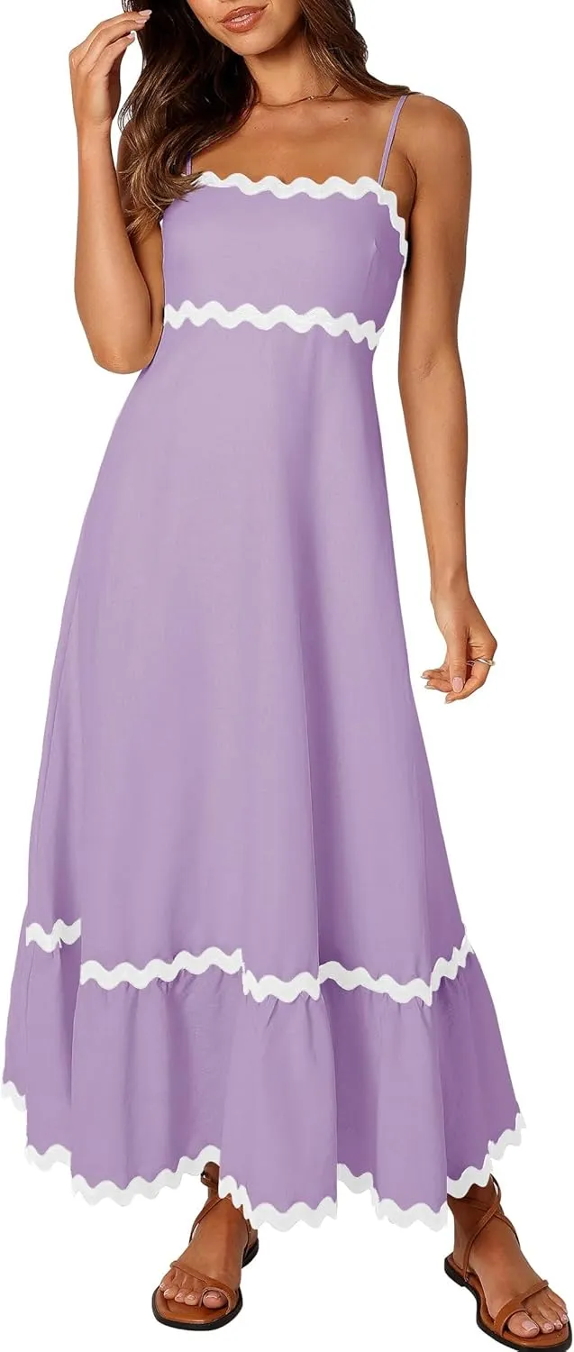 Women's 2024 Summer Spaghetti Straps Sleeveless Backless Sundress Flowy Smocked Lace Swing A Line Midi Dress