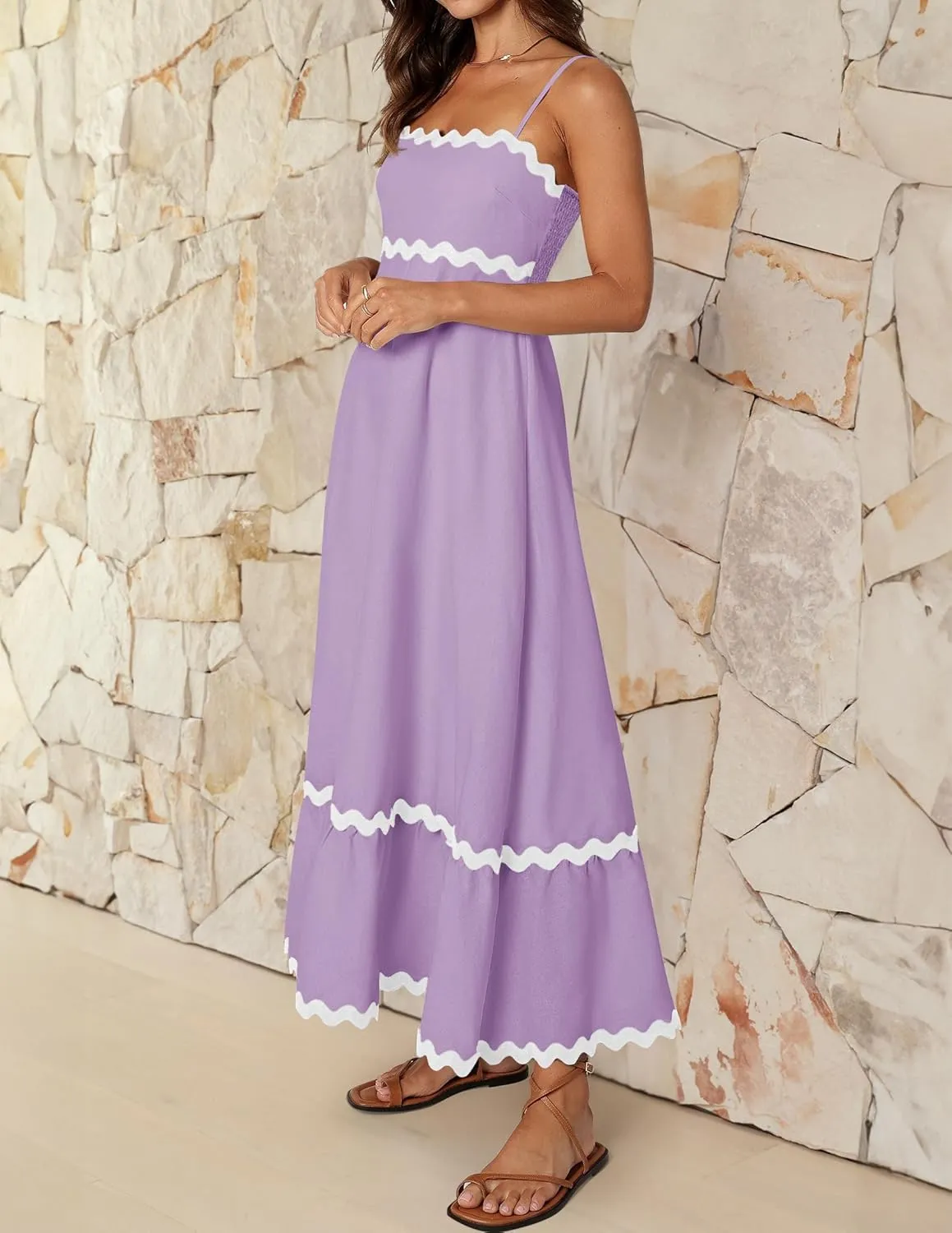Women's 2024 Summer Spaghetti Straps Sleeveless Backless Sundress Flowy Smocked Lace Swing A Line Midi Dress