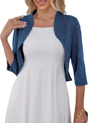 Women's 3/4 Sleeve Cropped Cardigan Open Front Bolero Short Shrugs