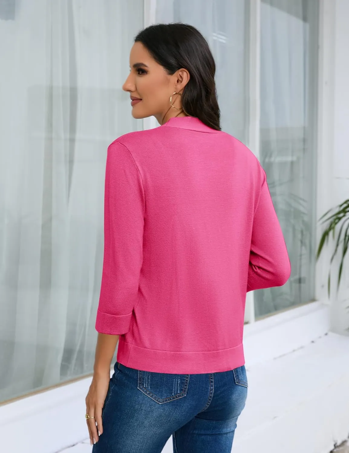 Women's 3/4 Sleeve Cropped Cardigan Sweater Open Front Short Shrugs Cardigans Lightweight Sweaters Tops