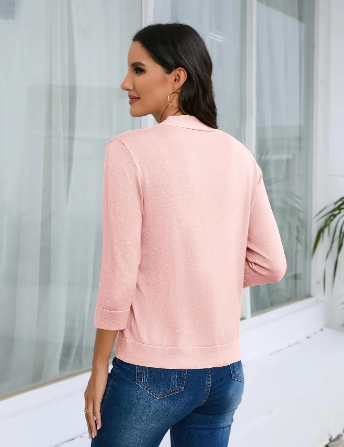 Women's 3/4 Sleeve Cropped Cardigan Sweater Open Front Short Shrugs Cardigans Lightweight Sweaters Tops