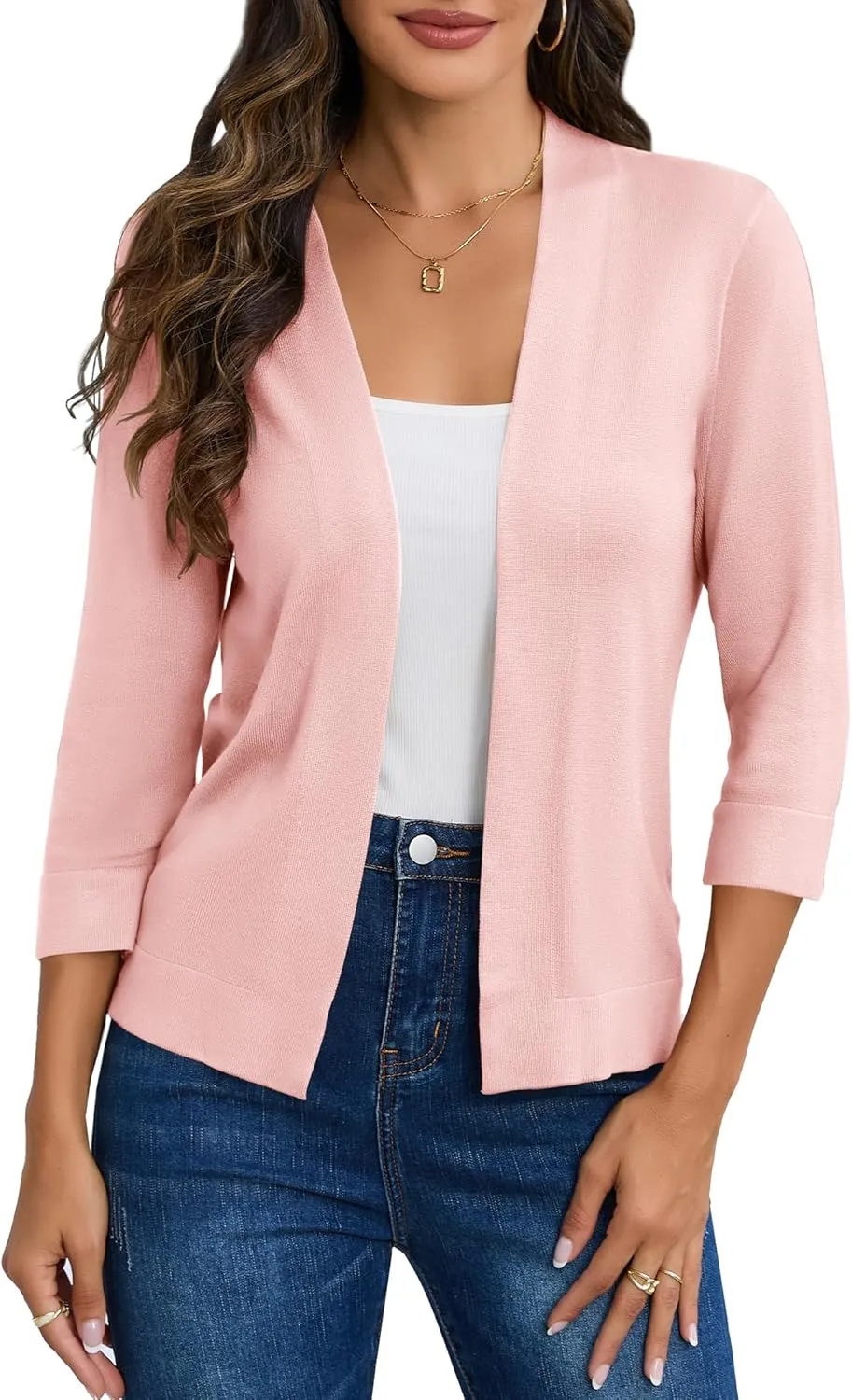 Women's 3/4 Sleeve Cropped Cardigan Sweater Open Front Short Shrugs Cardigans Lightweight Sweaters Tops