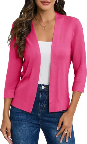 Women's 3/4 Sleeve Cropped Cardigan Sweater Open Front Short Shrugs Cardigans Lightweight Sweaters Tops