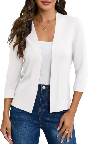 Women's 3/4 Sleeve Cropped Cardigan Sweater Open Front Short Shrugs Cardigans Lightweight Sweaters Tops