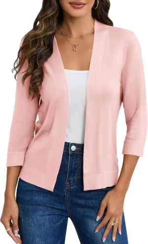 Women's 3/4 Sleeve Cropped Cardigan Sweater Open Front Short Shrugs Cardigans Lightweight Sweaters Tops