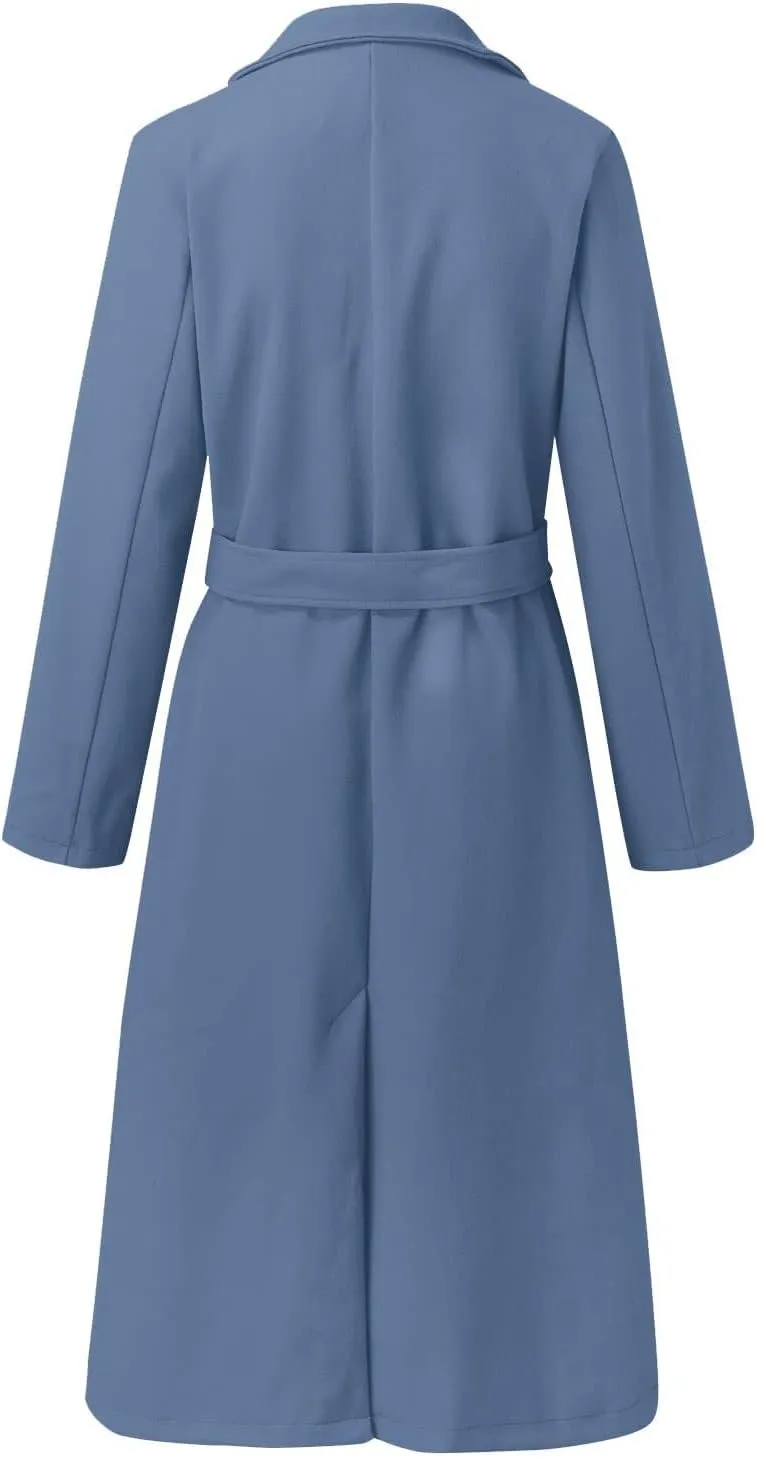 Women's Blazers Lapel Trench Coats Casual Cardigan Windbreak Solid Color Jackets Long Sleeve with Belt Overcoat