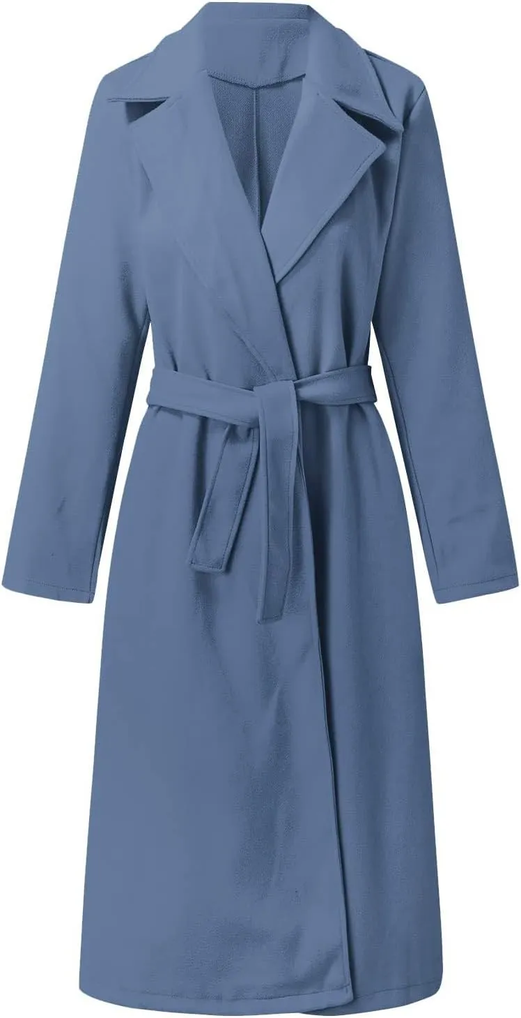 Women's Blazers Lapel Trench Coats Casual Cardigan Windbreak Solid Color Jackets Long Sleeve with Belt Overcoat