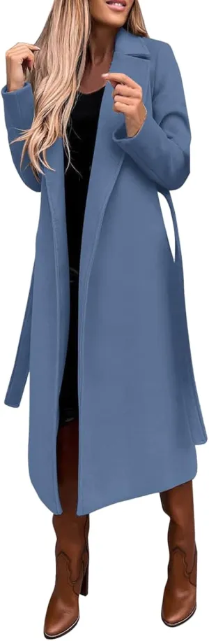 Women's Blazers Lapel Trench Coats Casual Cardigan Windbreak Solid Color Jackets Long Sleeve with Belt Overcoat