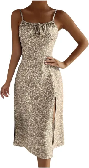 Women's Boho Sleeveless Cami Dress Cute Tie Front Flared Dresses Casual Fitted Split Hem Beach Vacation Sundress