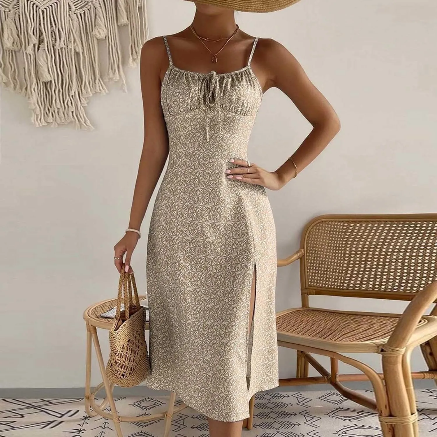Women's Boho Sleeveless Cami Dress Cute Tie Front Flared Dresses Casual Fitted Split Hem Beach Vacation Sundress