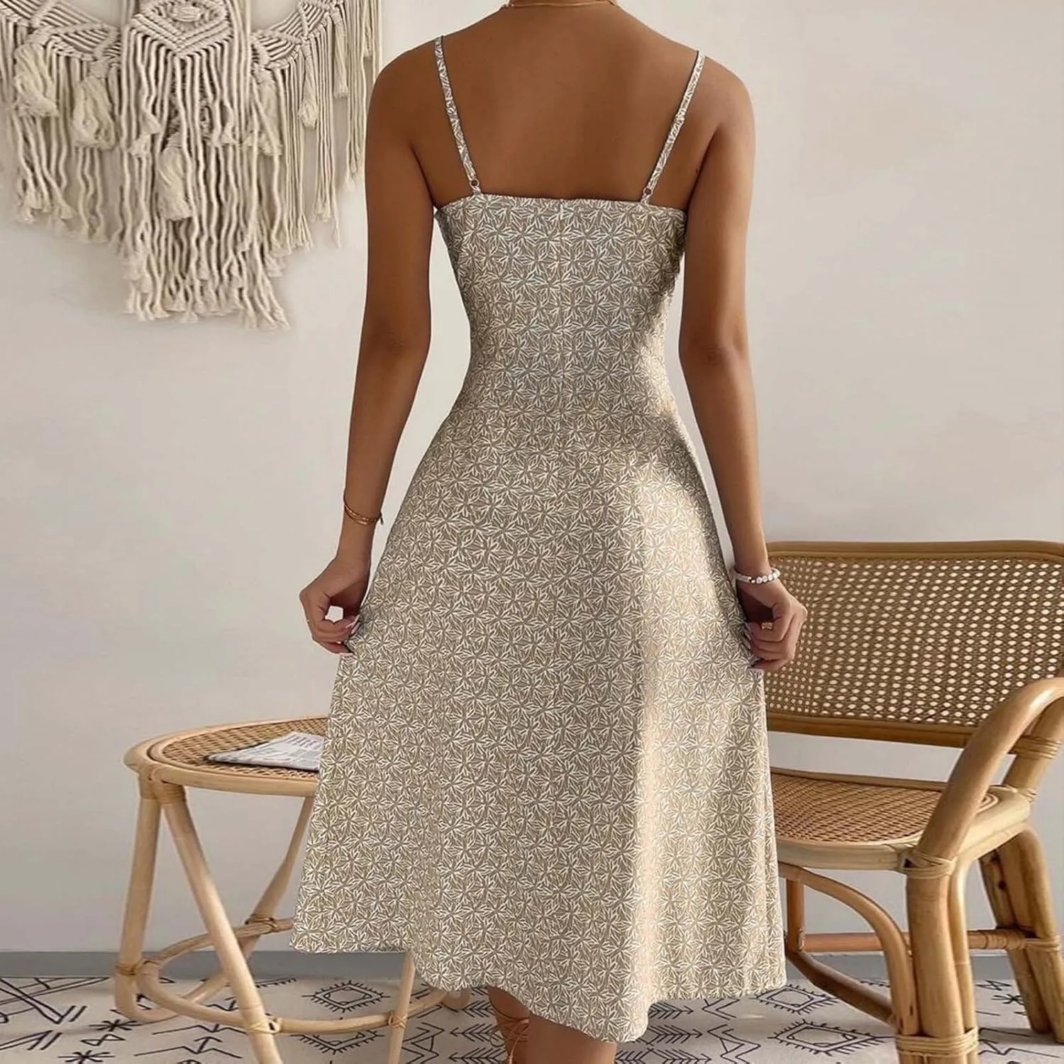 Women's Boho Sleeveless Cami Dress Cute Tie Front Flared Dresses Casual Fitted Split Hem Beach Vacation Sundress