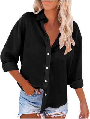 Womens Button Down Shirts Long Sleeve Collared Dress Tunic Cotton Oversized Blouses Going Out Dressy Casual Tops