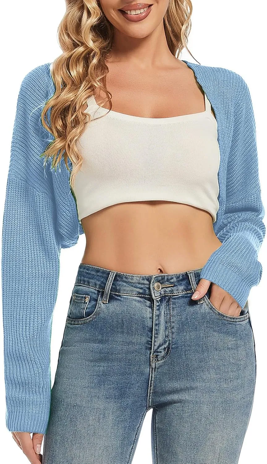 Women's Cardigan Shrugs Long Sleeve Knit Cropped Bolero Shrug Open Front Casual Cardigans for Dresses