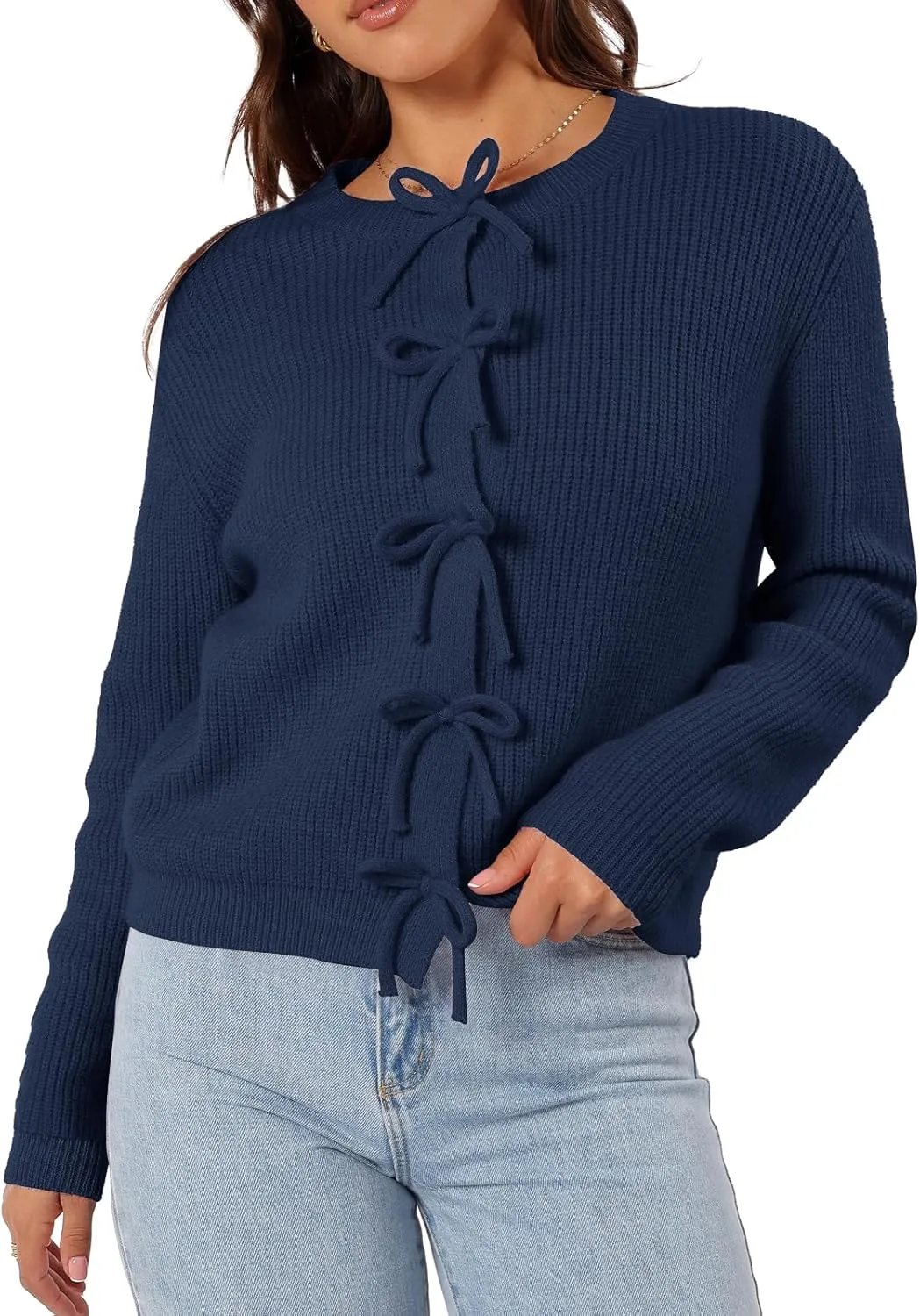 Women's Cardigan Sweaters Bow Button Down Cardigans Fall Fashion Clothes Knit Tie Open Front Coats
