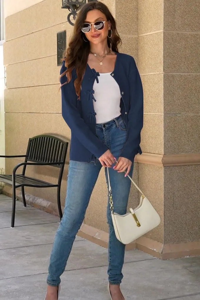 Women's Cardigan Sweaters Bow Button Down Cardigans Fall Fashion Clothes Knit Tie Open Front Coats