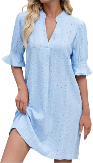 Womens Casual Dresses Ruffle Half Sleeve V-Neck Dress Elegant Spring Summer Solid Color Mini Dresses