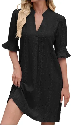 Womens Casual Dresses Ruffle Half Sleeve V-Neck Dress Elegant Spring Summer Solid Color Mini Dresses
