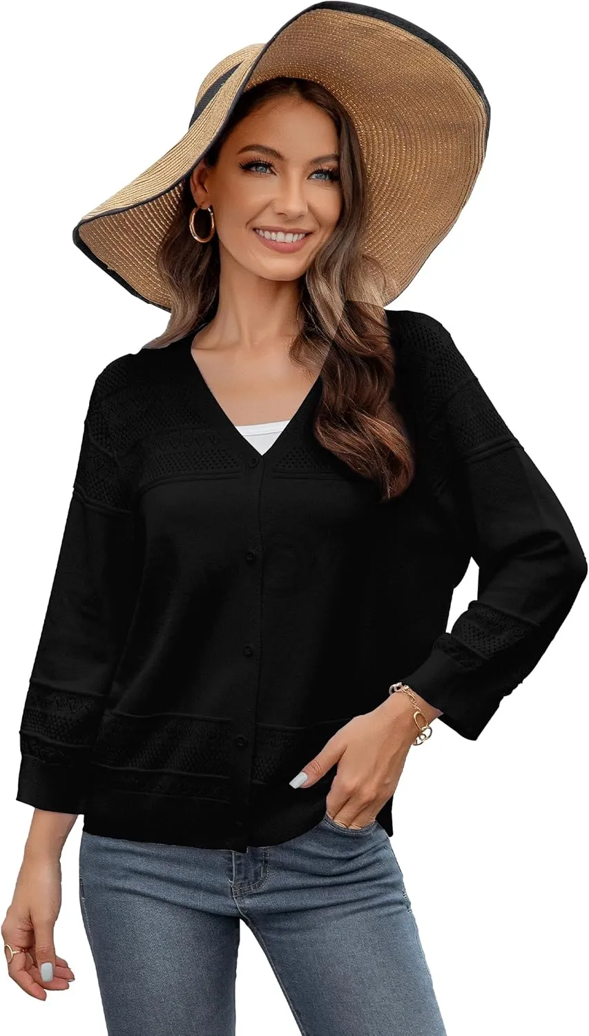 Women's Casual Lightweight 3/4 Sleeve Cardigan Trendy Soft Button Down Hollow Out Cardigans Sweaters