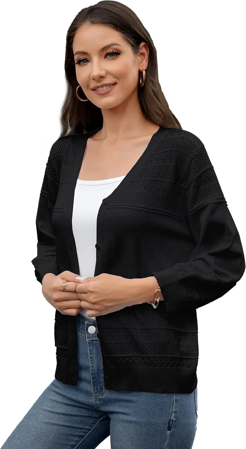 Women's Casual Lightweight 3/4 Sleeve Cardigan Trendy Soft Button Down Hollow Out Cardigans Sweaters