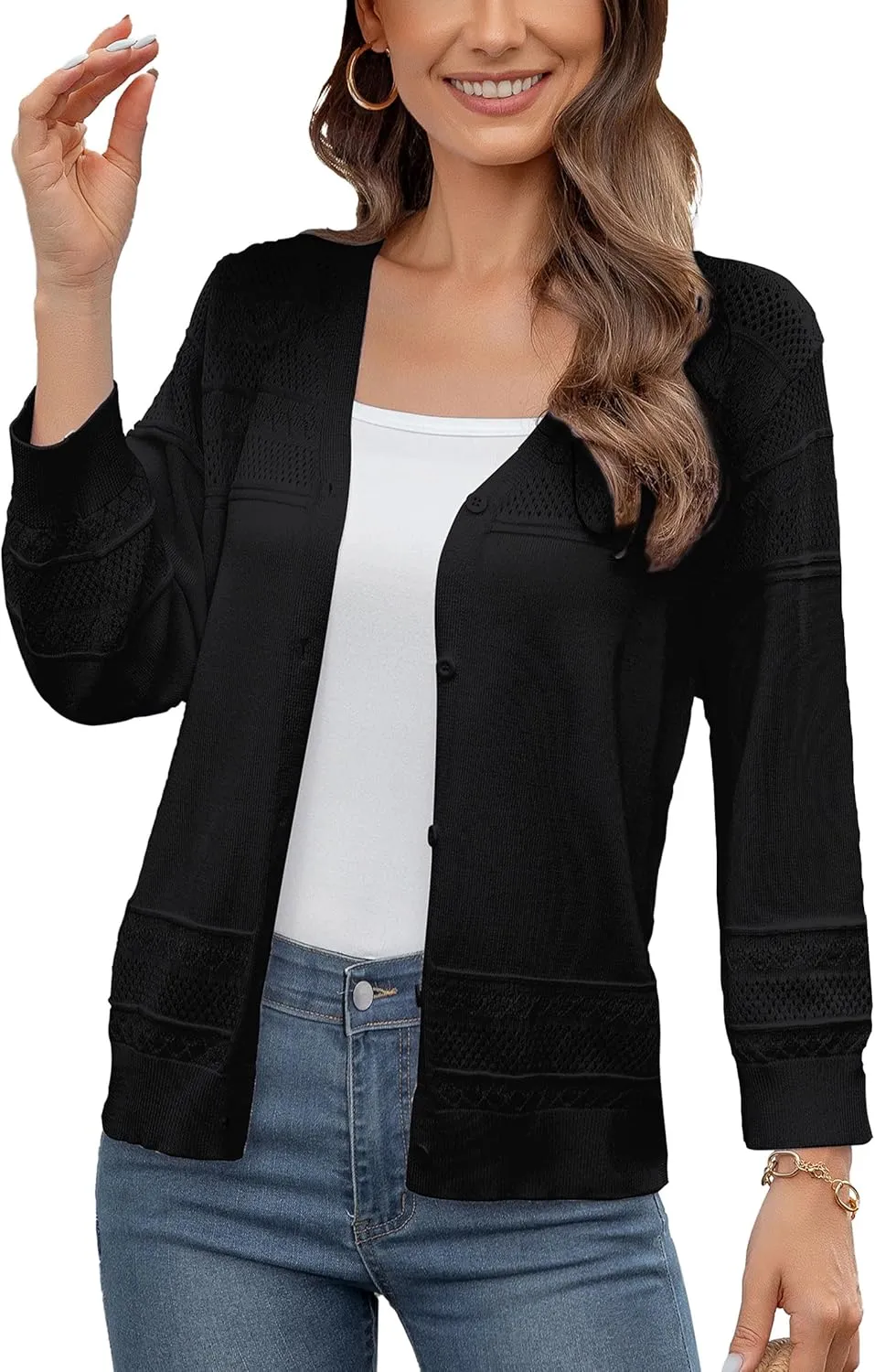 Women's Casual Lightweight 3/4 Sleeve Cardigan Trendy Soft Button Down Hollow Out Cardigans Sweaters