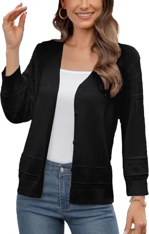 Women's Casual Lightweight 3/4 Sleeve Cardigan Trendy Soft Button Down Hollow Out Cardigans Sweaters