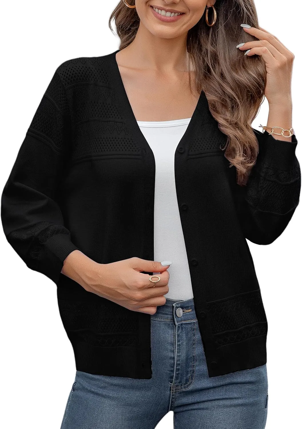 Women's Casual Lightweight 3/4 Sleeve Cardigan Trendy Soft Button Down Hollow Out Cardigans Sweaters