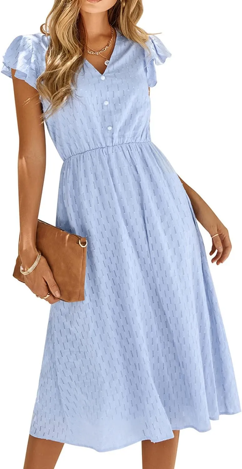 Women's Casual Loose Summer Dresses Solid Color Midi Length Ruffled Short Sleeve V Neck Sundress Button Up