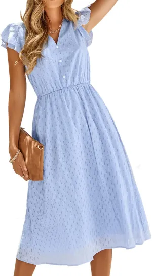Women's Casual Loose Summer Dresses Solid Color Midi Length Ruffled Short Sleeve V Neck Sundress Button Up