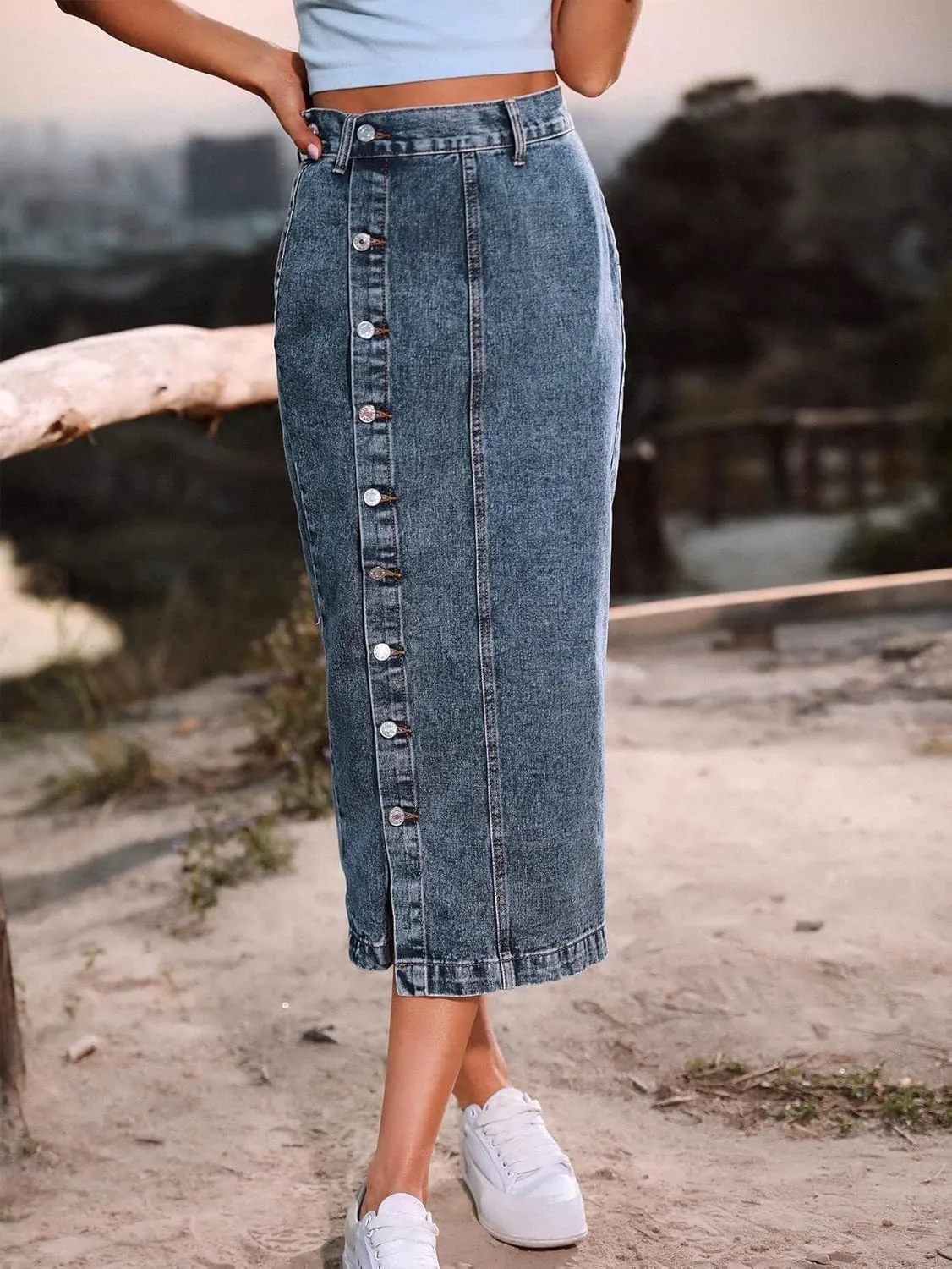 Womens Casual Slit Denim Midi Jean Skirt Stretch High Waist Frayed Button Up with Pockets