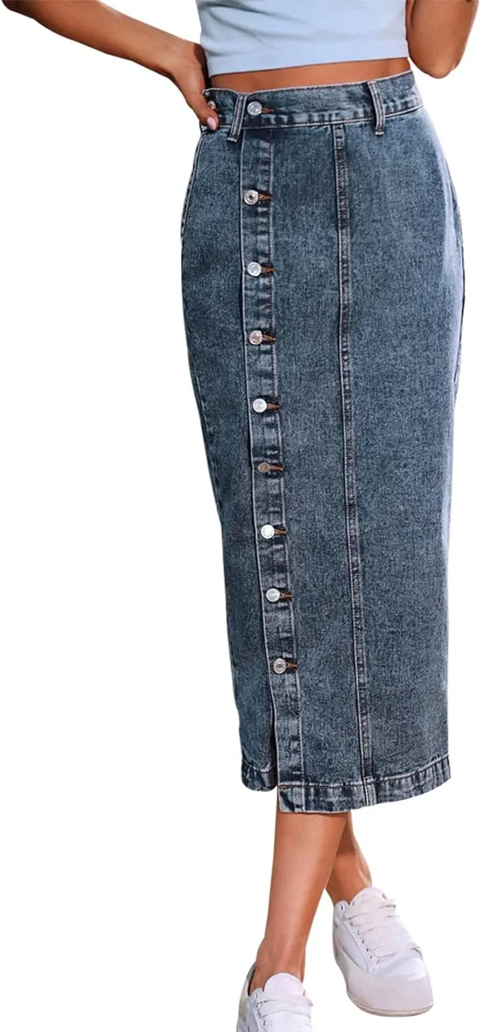 Womens Casual Slit Denim Midi Jean Skirt Stretch High Waist Frayed Button Up with Pockets