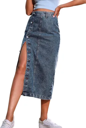 Womens Casual Slit Denim Midi Jean Skirt Stretch High Waist Frayed Button Up with Pockets