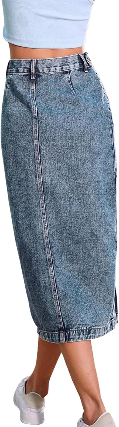 Womens Casual Slit Denim Midi Jean Skirt Stretch High Waist Frayed Button Up with Pockets