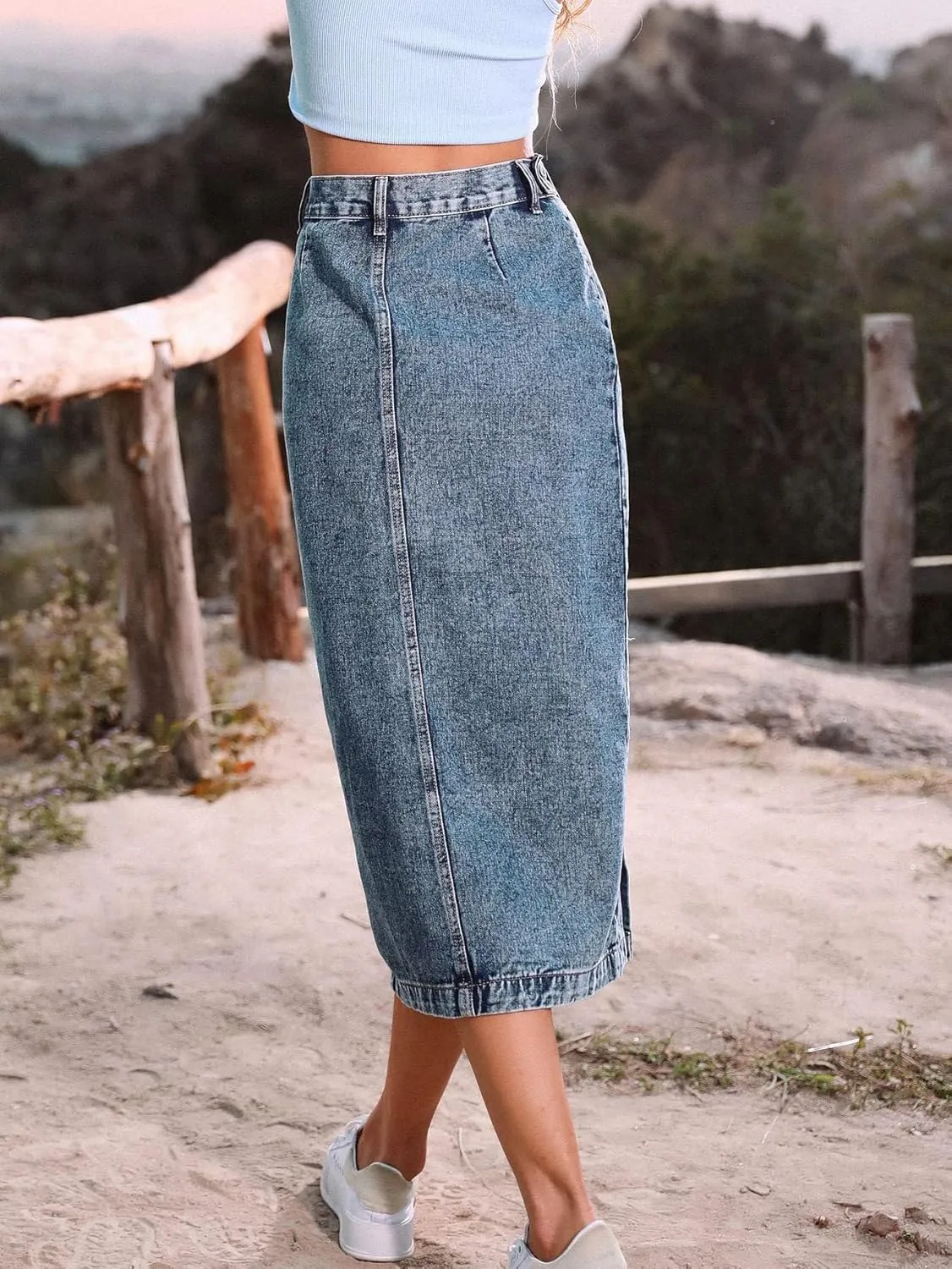 Womens Casual Slit Denim Midi Jean Skirt Stretch High Waist Frayed Button Up with Pockets