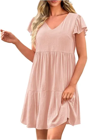 Women's Casual Summer Solid Dresses Short Sleeve Ruffle V Neck Tiered Loose Fitting Mini Dress Sundress
