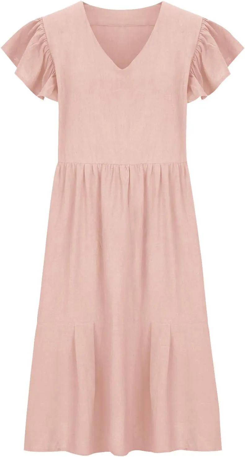 Women's Casual Summer Solid Dresses Short Sleeve Ruffle V Neck Tiered Loose Fitting Mini Dress Sundress