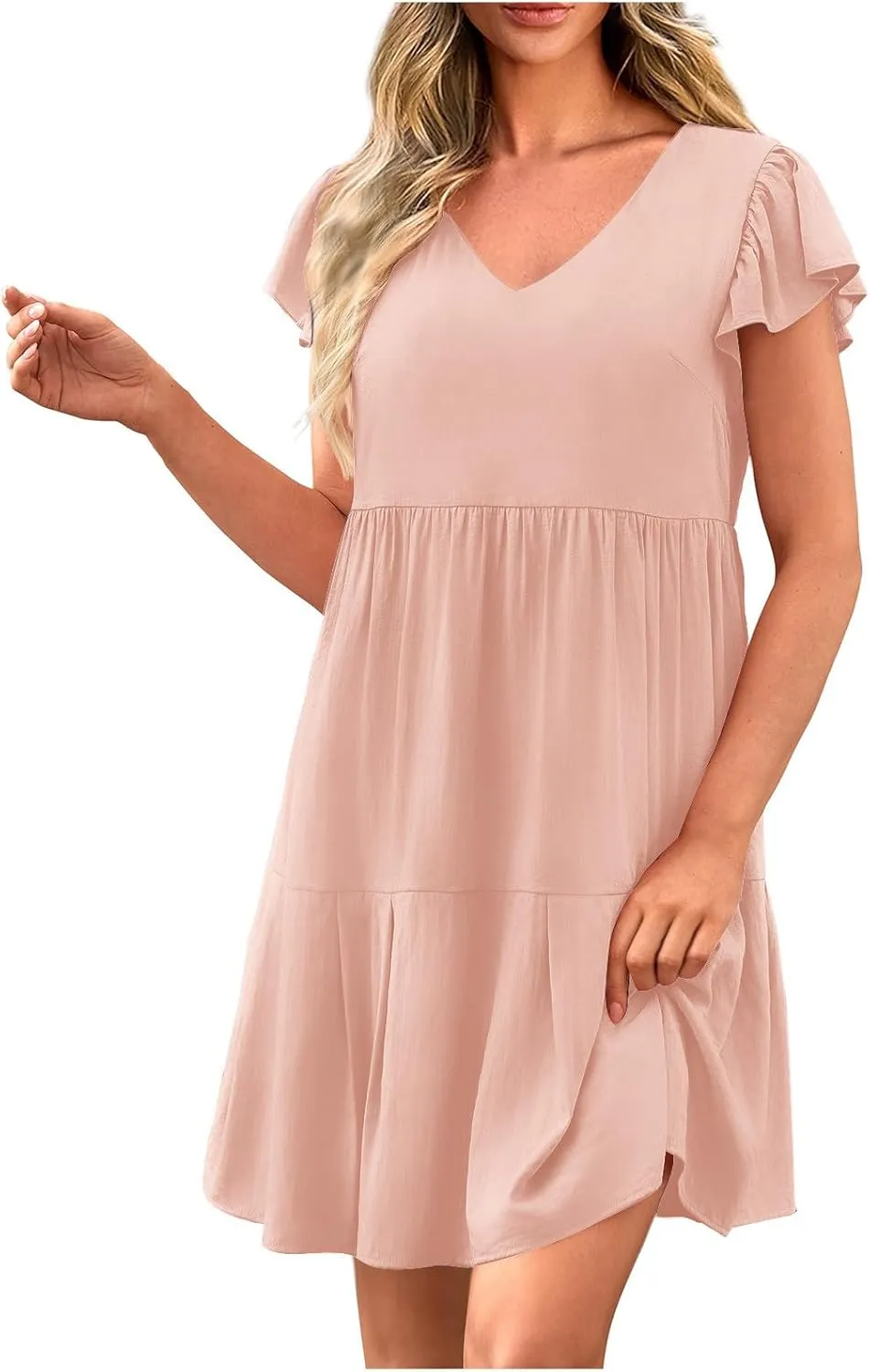 Women's Casual Summer Solid Dresses Short Sleeve Ruffle V Neck Tiered Loose Fitting Mini Dress Sundress
